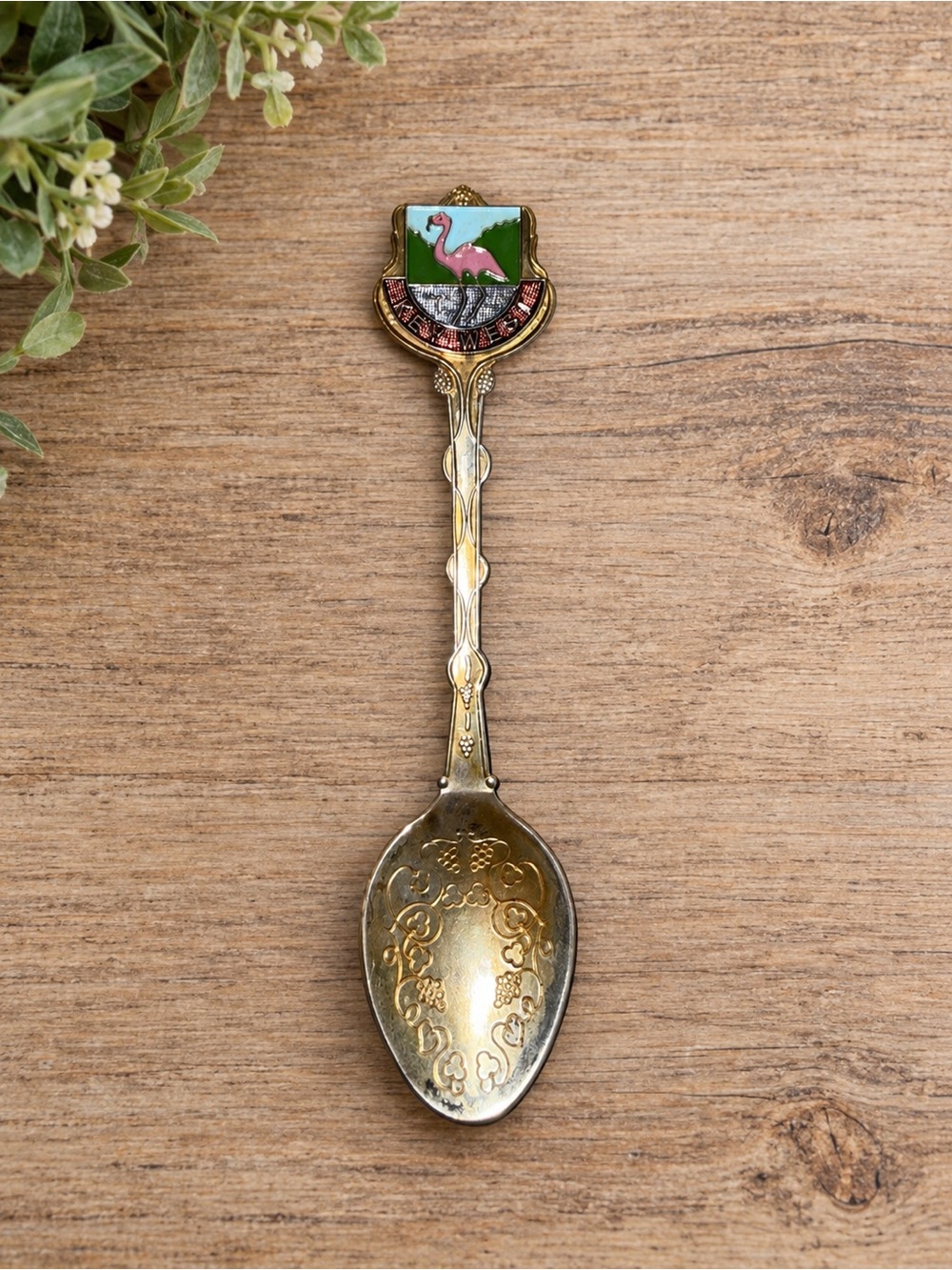 Vintage Key West Florida Souvenir Spoon Silver Plated Enamel Flamingo Grapes 4.5